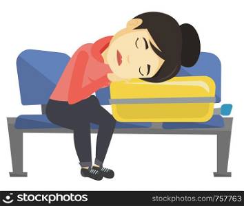 Asian passenger sleeping on luggage in airport. Exhausted woman sleeping on suitcase. Woman waiting for flight and sleeping on suitcase. Vector flat design illustration isolated on white background.. Exhausted woman sleeping on suitcase at airport.