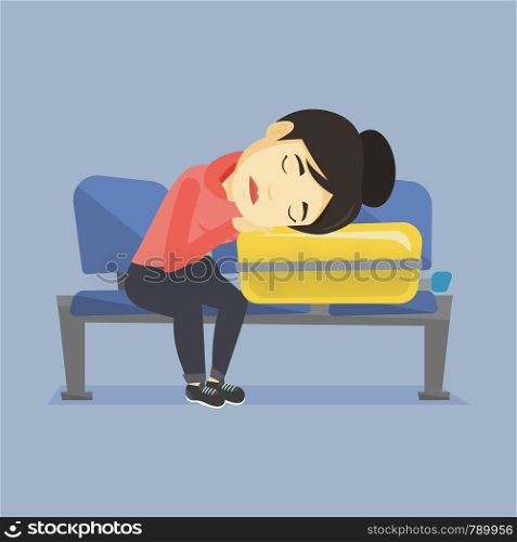 Asian passenger sleeping on luggage in airport. Exhausted woman sleeping on suitcase at airport. Woman waiting for flight and sleeping on suitcase. Vector flat design illustration. Square layout.. Exhausted woman sleeping on suitcase at airport.