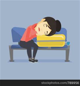 Asian passenger sleeping on luggage in airport. Exhausted woman sleeping on suitcase at airport. Woman waiting for flight and sleeping on suitcase. Vector flat design illustration. Square layout.. Exhausted woman sleeping on suitcase at airport.