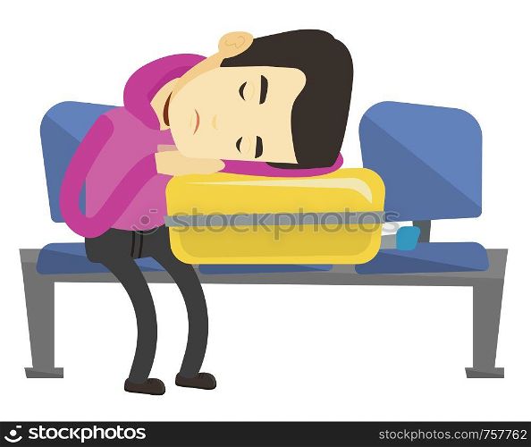 Asian passenger sleeping on luggage in airport. Tired man sleeping on suitcase. Young man waiting for a flight and sleeping on suitcase. Vector flat design illustration isolated on white background.. Exhausted man sleeping on suitcase at airport.