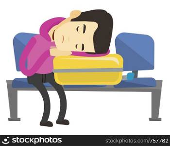 Asian passenger sleeping on luggage in airport. Tired man sleeping on suitcase. Young man waiting for a flight and sleeping on suitcase. Vector flat design illustration isolated on white background.. Exhausted man sleeping on suitcase at airport.