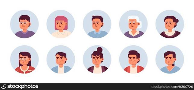 Asian people semi flat colour vector character heads pack. Cheerful men and women. Colorful avatar icons. Editable cartoon style emotions. Simple spot illustration bundle for web graphic design. Asian people semi flat colour vector character heads pack