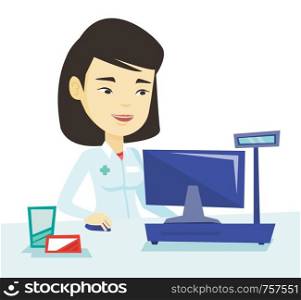 Asian pharmacist in medical gown standing at pharmacy counter. Happy pharmacist in the drugstore. Young pharmacist working on a computer. Vector flat design illustration isolated on white background.. Pharmacist at counter with cash box.