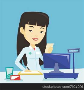 Asian pharmacist writing on clipboard and holding prescription. Pharmacist in medical gown standing at pharmacy counter. Pharmacist reading prescription. Vector flat design illustration. Square layout. Pharmacist writing prescription.