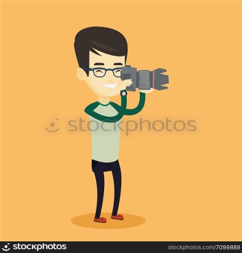 Asian photographer working with digital camera. Photographer taking a photo. Young photographer taking a picture. Vector flat design illustration. Square layout.. Photographer taking photo vector illustration.