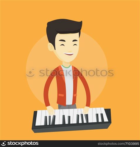 Asian pianist playing on synthesizer. Young smiling musician playing piano. Cheerful pianist playing upright piano. Vector flat design illustration. Square layout.. Man playing piano vector illustration.