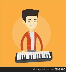 Asian pianist playing on synthesizer. Young smiling musician playing piano. Cheerful pianist playing upright piano. Vector flat design illustration. Square layout.. Man playing piano vector illustration.