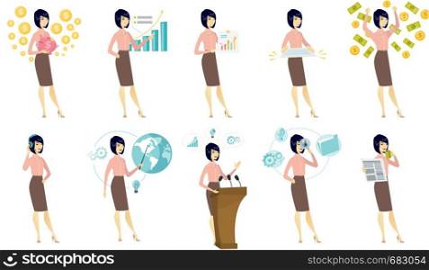 Asian politician speaking to audience from tribune. Politician giving speech from tribune. Politician standings behind tribune. Set of vector flat design illustrations isolated on white background.. Vector set of illustrations with business people.