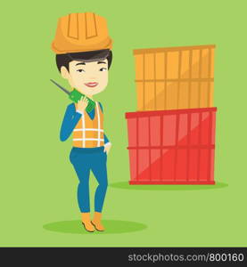 Asian port worker in hard hat talking on wireless radio. Port worker standing on cargo containers background. Smiling port worker using wireless radio. Vector flat design illustration. Square layout.. Port worker talking on wireless radio.