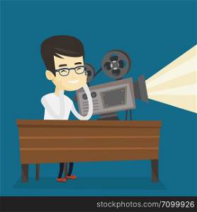 Asian projectionist showing new film. Man sitting at the table with film projector in the room of projectionist. Young projectionist at work. Vector flat design illustration. Square layout.. Asian projectionist showing new film.