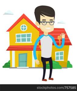 Asian real estate agent holding keys. Real estate agent with keys standing on the background of house. Happy new owner with house keys. Vector flat design illustration isolated on white background.. Real estate agent with key vector illustration.