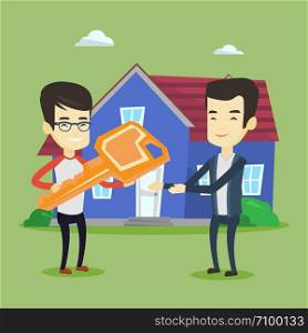 Asian real estate agent passing house keys to a new owner. Friendly real estate agent giving key to a new owner of house. Young man buying a new house. Vector flat design illustration. Square layout.. Real estate agent giving key to new house owner.