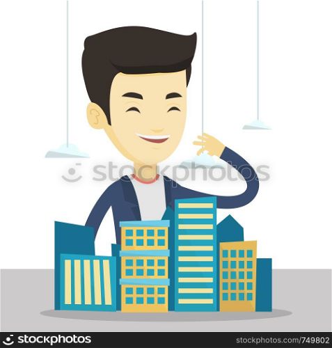 Asian real estate agent presenting a model of new district of the city. Sales manager working with a project of a new district of the city. Vector flat design illustration isolated on white background. Real estate agent presenting city model.