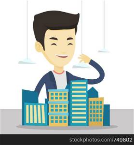 Asian real estate agent presenting a model of new district of the city. Sales manager working with a project of a new district of the city. Vector flat design illustration isolated on white background. Real estate agent presenting city model.