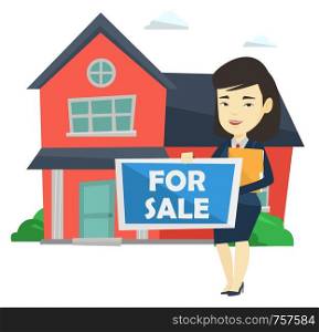 Asian realtor offering the house. Young smiling realtor with placard for sale and documents in hands standing on the background of house. Vector flat design illustration isolated on white background.. Young female realtor offering house.