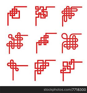 Asian red knots. Chinese, Korean, Japanese embellishment vector set. Decorative corners, Tibetan eternal buddhism spirituality borders. Feng Shui lucky traditional elements, geometric ornament design. Asian red knots. Chinese, Korean, Japanese set