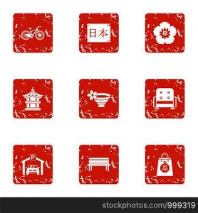 Asian region icons set. Grunge set of 9 asian region vector icons for web isolated on white background. Asian region icons set, grunge style