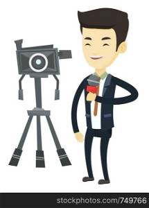 Asian reporter with microphone standing on the background with camera. TV reporter presenting the news. TV transmission with reporter. Vector flat design illustration isolated on white background.. TV reporter with microphone and camera.
