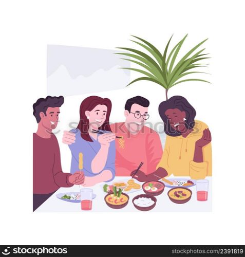 Asian restaurant isolated cartoon vector illustrations. People eating out Thai and Vietnamese food in a restaurant, holding chopsticks in hands, dining time with friends vector cartoon.. Asian restaurant isolated cartoon vector illustrations.