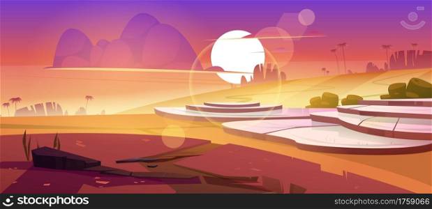 Asian rice field terraces in mountains sunset landscape. Paddy plantation, cascades farm in mount rocks with sun go down in beautiful orange cloudy sky, scenery dusk view, Cartoon vector illustration. Asian rice field terraces in mountains sunset view