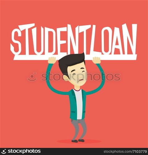 Asian sad man holding a heavy sign of student loan. Young tired man carrying heavy sign - student loan. Concept of the high cost of student loan. Vector flat design illustration. Square layout.. Young man holding sign of student loan.