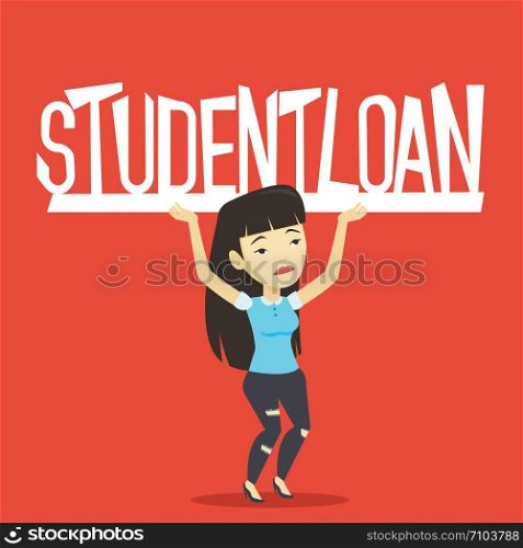 Asian sad woman holding a heavy sign of student loan. Young tired woman carrying heavy sign - student loan. Concept of the high cost of student loan. Vector flat design illustration. Square layout.. Young woman holding sign of student loan.
