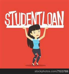 Asian sad woman holding a heavy sign of student loan. Young tired woman carrying heavy sign - student loan. Concept of the high cost of student loan. Vector flat design illustration. Square layout.. Young woman holding sign of student loan.