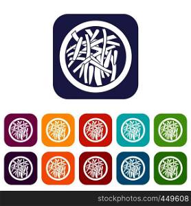 Asian salad icons set vector illustration in flat style In colors red, blue, green and other. Asian salad icons set flat