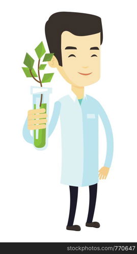 Asian scientist holding test tube with sprout. Scientist analyzing sprout in test tube. Laboratory assistant holding test tube with sprout. Vector flat design illustration isolated on white background. Scientist with test tube vector illustration.