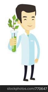 Asian scientist holding test tube with sprout. Scientist analyzing sprout in test tube. Laboratory assistant holding test tube with sprout. Vector flat design illustration isolated on white background. Scientist with test tube vector illustration.
