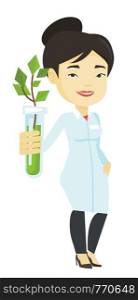 Asian scientist holding test tube with sprout. Scientist analyzing sprout in test tube. Laboratory assistant holding test tube with sprout. Vector flat design illustration isolated on white background. Scientist with test tube vector illustration.