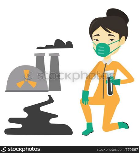 Asian scientist in gas mask and radiation protective suit holding a test-tube with black liquid on the background of nuclear power plant. Vector flat design illustration isolated on white background.. Laboratory assistant with test tube.