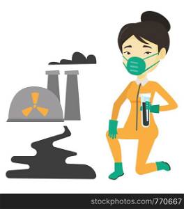 Asian scientist in gas mask and radiation protective suit holding a test-tube with black liquid on the background of nuclear power plant. Vector flat design illustration isolated on white background.. Laboratory assistant with test tube.