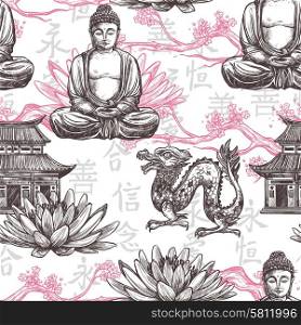 Asian seamless pattern with sketch pagoda building lotus flower dragon vector illustration. Asian Seamless Pattern