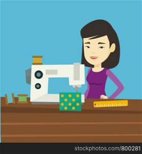 Asian seamstress working in a cloth factory. Young seamstress sewing on an industrial sewing machine. Seamstress using sewing machine at workshop. Vector flat design illustration. Square layout.. Seamstress using sewing machine at workshop.