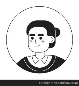 Asian serious woman monochrome flat linear character head. Adult lady with bun hairstyle. Editable outline hand drawn human face icon. 2D cartoon spot vector avatar illustration for animation. Asian serious woman monochrome flat linear character head