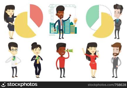 Asian shareholder taking his share of financial pie chart. Shareholder getting his share of profit. Shareholder sharing profit. Set of vector flat design illustrations isolated on white background.. Vector set of business characters.