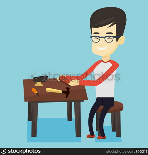 Asian shoemaker working with a shoe in workshop. Smiling shoemaker repairing a shoe in workshop. Young shoemaker making handmade shoes in workshop. Vector flat design illustration. Square layout.. Shoemaker making handmade shoes in workshop.