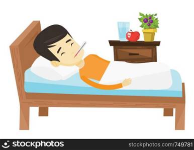 Asian sick man with fever laying in bed. Young sick man measuring temperature with thermometer. Sick man suffering from cold or flu virus. Vector flat design illustration isolated on white background.. Sick man with thermometer laying in bed.