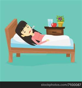 Asian sick woman with fever laying in bed. Sick woman measuring temperature with thermometer in mouth. Sick woman suffering from cold or flu virus. Vector flat design illustration. Square layout.. Sick woman with thermometer laying in bed.