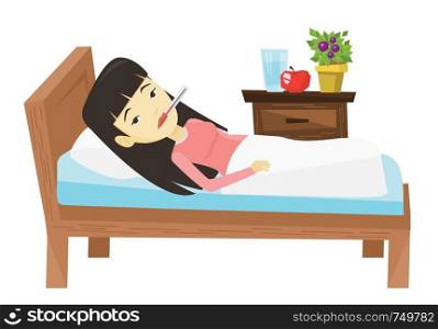 Asian sick woman with fever laying in bed. Sick woman measuring temperature with thermometer. Sick woman suffering from cold or flu virus. Vector flat design illustration isolated on white background.. Sick woman with thermometer laying in bed.