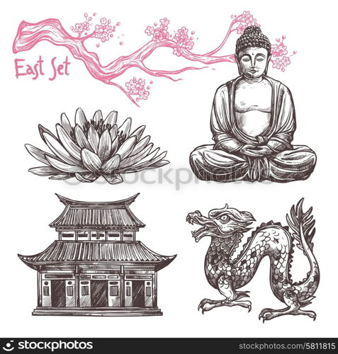 Asian sketch set with lotus buddha dragon sakura branch isolated vector illustration. Asian Sketch Set