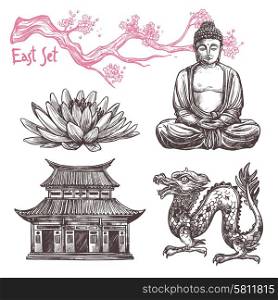 Asian sketch set with lotus buddha dragon sakura branch isolated vector illustration. Asian Sketch Set