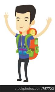 Asian smiling backpacker celebrating success with raised hands. Full length of young cheerful backpacker with raised hands. Vector flat design illustration isolated on white background.. Backpacker with his hands up enjoying the scenery.