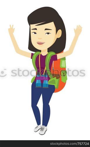 Asian smiling backpacker celebrating success with raised hands. Full length of young cheerful backpacker with raised hands. Vector flat design illustration isolated on white background.. Backpacker with her hands up enjoying the scenery.