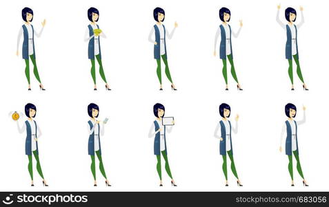 Asian smiling business woman showing ok sign. Young business woman making ok sign. Successful business woman gesturing ok sign. Set of vector flat design illustrations isolated on white background.. Vector set of illustrations with business people.