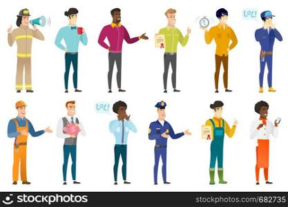 Asian smiling businessman holding cup of coffee. Full length of businessman drinking coffee. Happy businessman with cup of coffee. Set of vector flat design illustrations isolated on white background.. Vector set of professions characters.