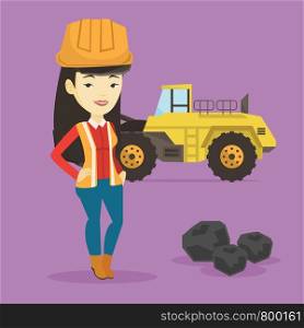 Asian smiling female miner in hard hat standing on the background of a big excavator. Confident miner in helmet with crossed arms standing near coal. Vector flat design illustration. Square layout.. Miner with a big excavator on background.