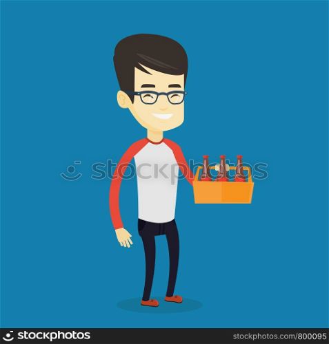 Asian smiling man buying beer. Happy man holding pack of beer. Full length of cheerful man carrying a six pack of beer. Vector flat design illustration. Square layout.. Man with pack of beer vector illustration.