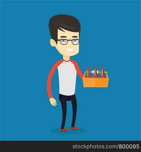 Asian smiling man buying beer. Happy man holding pack of beer. Full length of cheerful man carrying a six pack of beer. Vector flat design illustration. Square layout.. Man with pack of beer vector illustration.